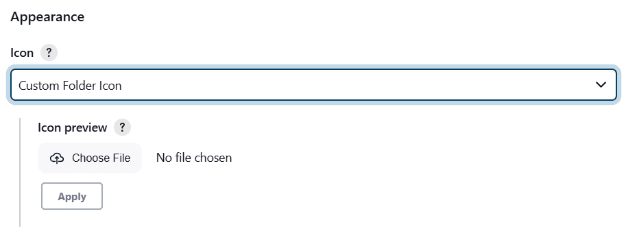 Appearance section in Jenkins configuration page for organization folder, showing icon field with 'Custom Folder Icon' option selected. This section includes an option to choose an image file for the icon, along with an Apply button to save your changes.