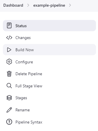 Jenkins Classic UI sidebar for 'example-pipeline', showing options: Status, Changes, Build Now, Configure, Delete Pipeline, Full Stage View, Stages, Rename and Pipeline Syntax.